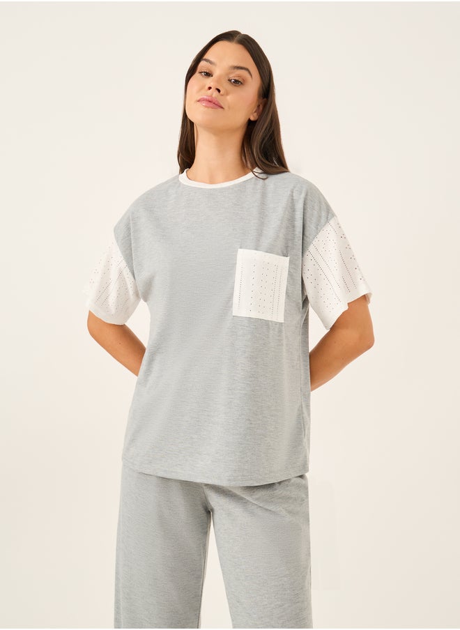 Styli Schiffli Sleeve Round Neck T-Shirt and Pyjama Set  - Image 3
