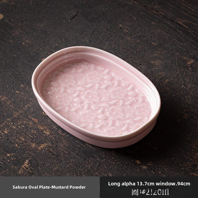 Vintage Ceramic Tea Tray Creative Lotus Snack Plate Sakura Oval Disc [Sakura Powder]] 