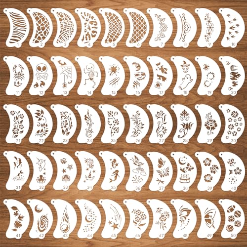 CODOHI 50 Pcs Face Paint Stencils, Body Facial Painting Templates, Diverse Designs for Makeup, Halloween, Party Art Painting - Image 1