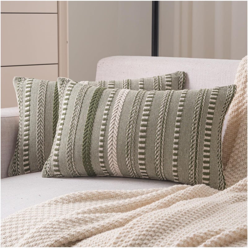 Cethom Boho Throw Pillow Covers 12x20 Inch Set of 2, Farmhouse Decorative Couch Pillow Cases, Green Accent Pillows of Bed, Sofa Bedroom Living Room Home Decor Cushion Cover - Image 1