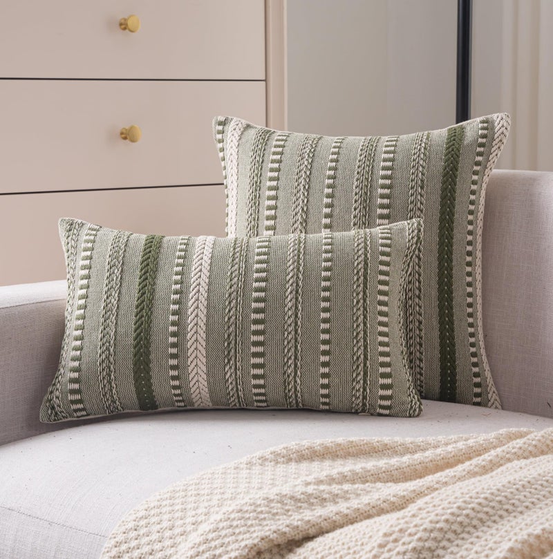 Cethom Boho Throw Pillow Covers 12x20 Inch Set of 2, Farmhouse Decorative Couch Pillow Cases, Green Accent Pillows of Bed, Sofa Bedroom Living Room Home Decor Cushion Cover - Image 2
