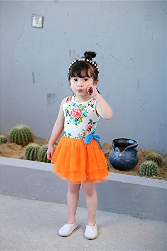 Niyage Little Girls Sleeveless Floral Princess Dress Tulle Tutu Sundress 5 Orange - Image 5
