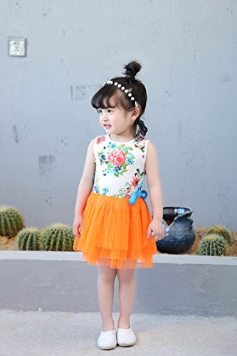 Niyage Little Girls Sleeveless Floral Princess Dress Tulle Tutu Sundress 5 Orange - Image 4