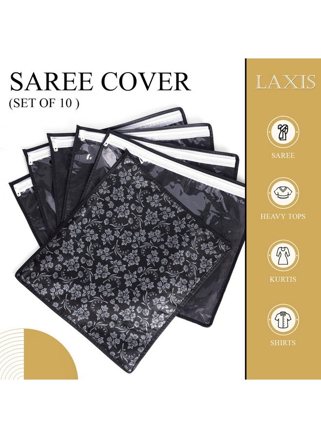 LAXIS HOMFIL Brand - LAXIS Non-Woven Printed Single Saree Cover, Saree Bag Pack of 10Pcs, Transparent Saree Covers With Zip, Saree Covers For Storage, Wardrobe Organiser, Size-36x42x2cm (Black) - Image 3
