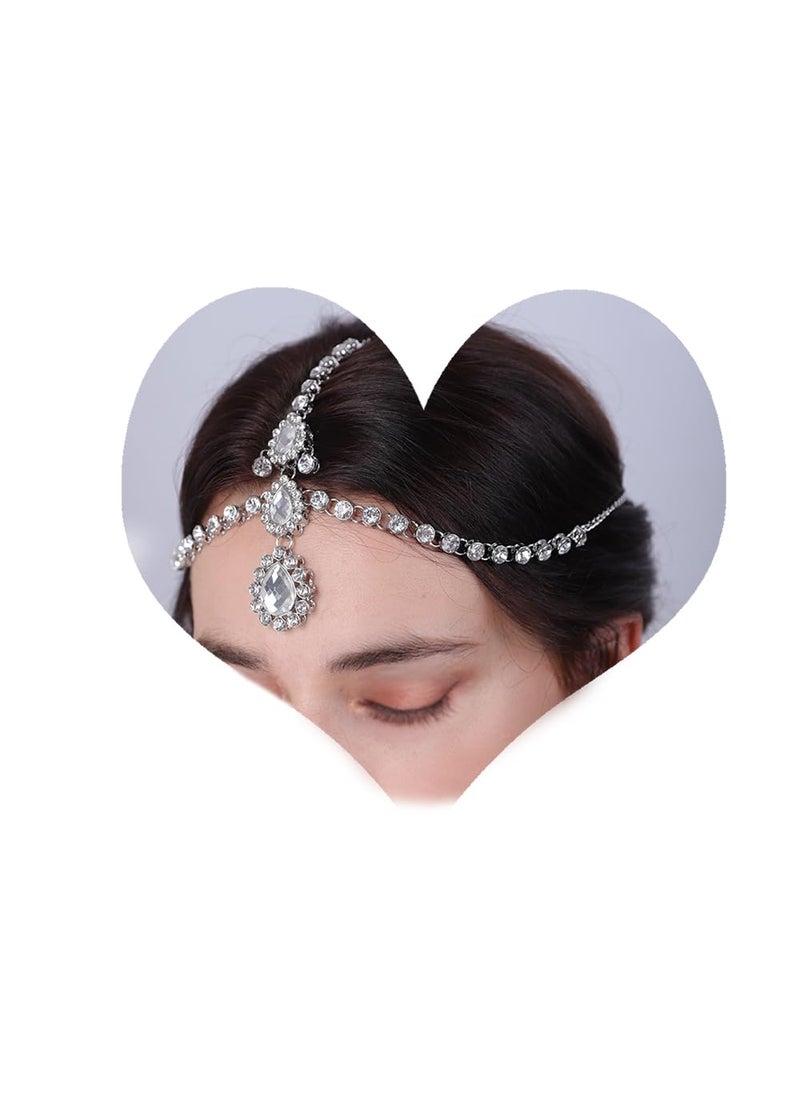 Aimimier - Aimimier Bohemian Crystal Head Chain Rhinestone Teardrop Forehead Chain Belly Dancer Jewelry Wedding Headpiece Prom Party Festival Hair Accessories for Women Silver - Image 1