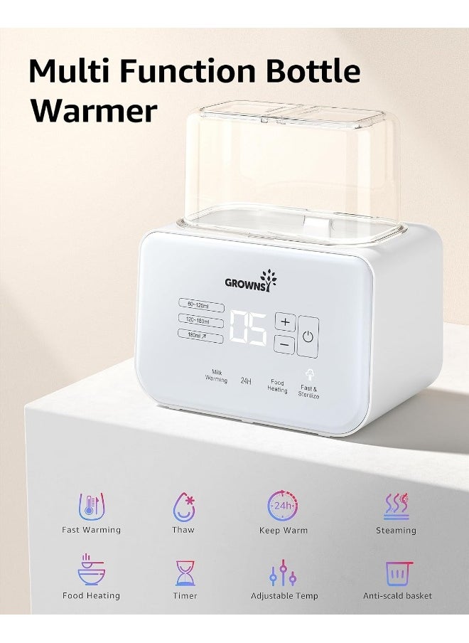GROWNSY Baby Bottle Warmer, 8-in-1 Fast Milk Warmer with Timer Breastmilk or Formula, Fits 2 Bottles, Accurate Temperature Control, with Defrost, Sterilizing, Keep, Heat Baby Food Jars Function