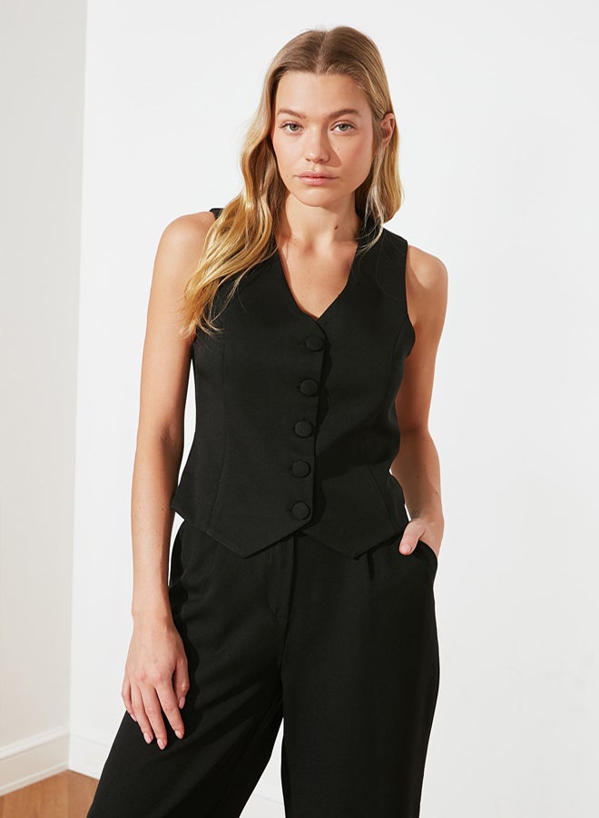 trendyol Black Fitted Buttoned Crop Woven Vest TWOSS21YE0009 - Image 5