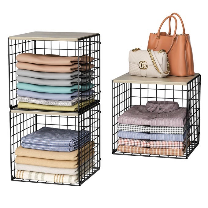 3PCS STACKABLE CLOSET ORGANIZERS AND STORAGE SHELVES WITH WOOD TOP EXTRA STORAGE CLOTHES ORGANIZER BASKET BIN OR TUBE FOR WARDROBE AND HOME ORGANIZATION BLACKSTURDY METAL PATENT PENDING