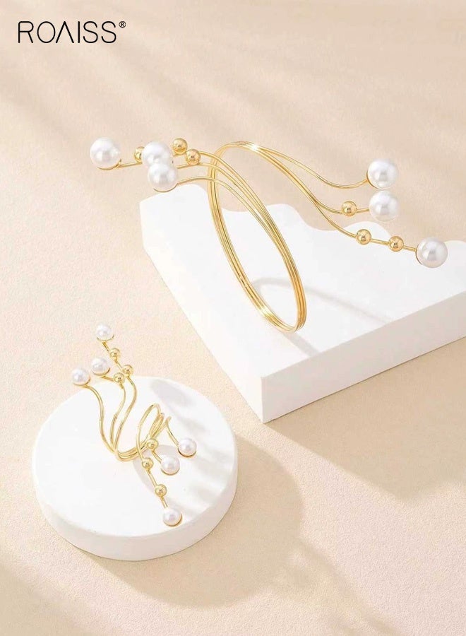 رويس طقم خاتم وسوار نسائي مكون من قطعتين، سوار لؤلؤي بتصميم هندسي غير منتظم، قطعة مجوهرات مميزة وفريدة من نوعها، مناسبة للارتداء اليومي والحفلات والتجمعات. - Image 3