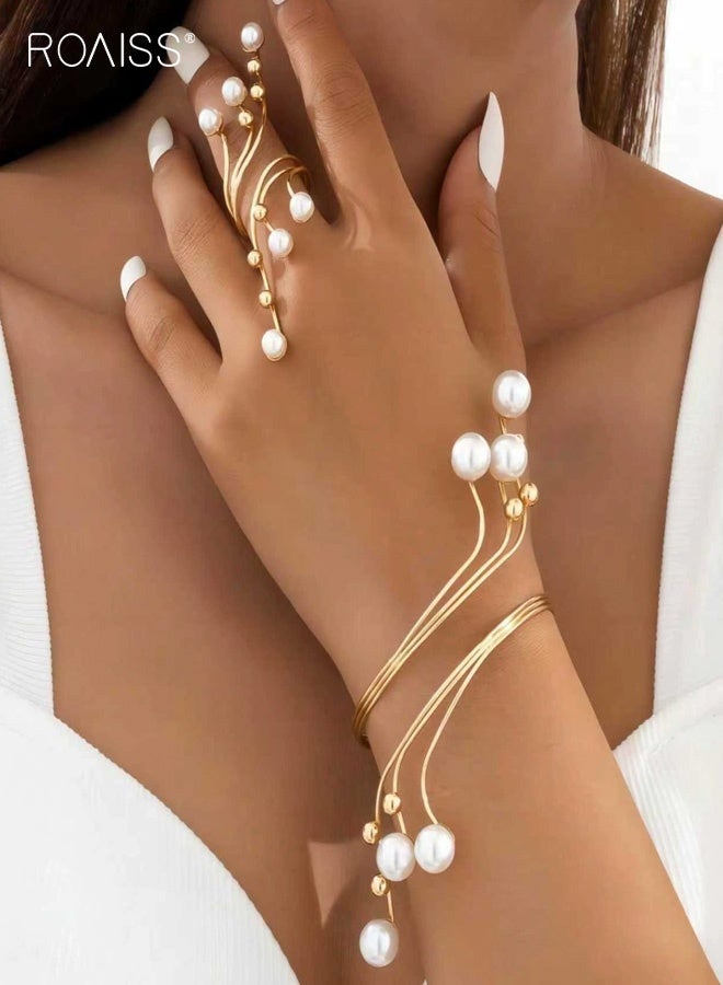 رويس طقم خاتم وسوار نسائي مكون من قطعتين، سوار لؤلؤي بتصميم هندسي غير منتظم، قطعة مجوهرات مميزة وفريدة من نوعها، مناسبة للارتداء اليومي والحفلات والتجمعات. - Image 1