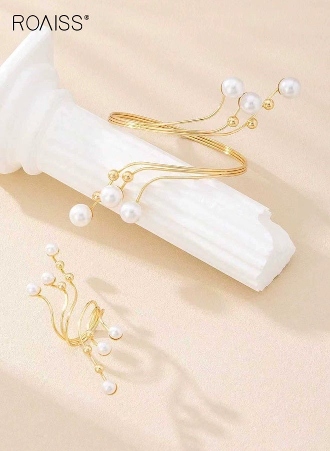 رويس طقم خاتم وسوار نسائي مكون من قطعتين، سوار لؤلؤي بتصميم هندسي غير منتظم، قطعة مجوهرات مميزة وفريدة من نوعها، مناسبة للارتداء اليومي والحفلات والتجمعات. - Image 2