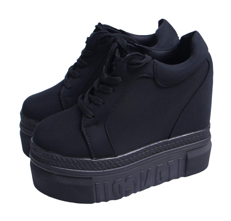 Women Fashion Platform Sneakers Wide Width High Hidden Heel Wedge Walking Shoes 6 Without Flower Black