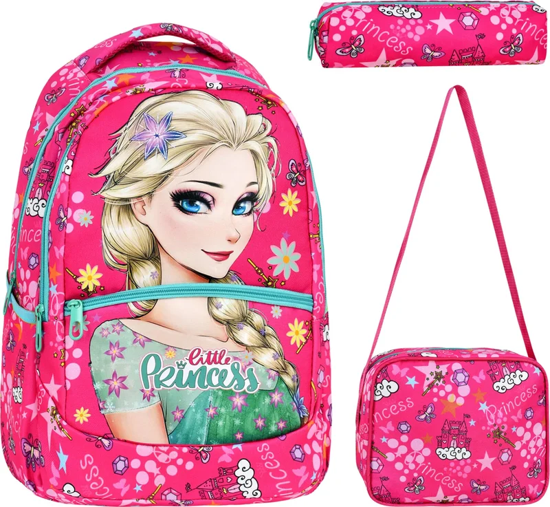 Çantaland 3-Pack Primary School Frozen Patterned, Girls Lunch Box and Pencil Case School Bag