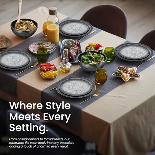 bzyoo 12 Piece Black Melamine Dinnerware Set - Durable, Dishwasher Safe Black Plates and Bowls - Ideals for Parties, Camping Dish Set La La Mandala - Image 5