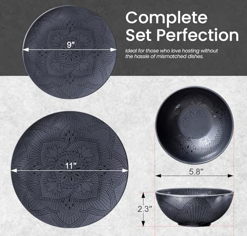 bzyoo 12 Piece Black Melamine Dinnerware Set - Durable, Dishwasher Safe Black Plates and Bowls - Ideals for Parties, Camping Dish Set La La Mandala - Image 4