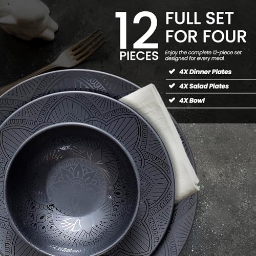 bzyoo 12 Piece Black Melamine Dinnerware Set - Durable, Dishwasher Safe Black Plates and Bowls - Ideals for Parties, Camping Dish Set La La Mandala - Image 2