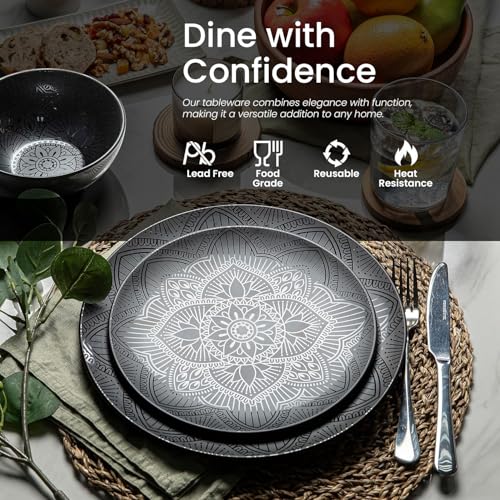 bzyoo 12 Piece Black Melamine Dinnerware Set - Durable, Dishwasher Safe Black Plates and Bowls - Ideals for Parties, Camping Dish Set La La Mandala - Image 3