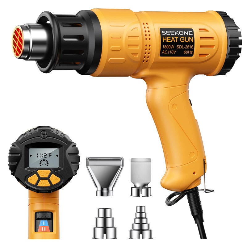 SEEKONE Heat Gun, SEEKONE 1800W Hot Air Gun Kit with Large Digital LCD Display Variable Temperature (122Â°F-1112Â°F) Memory Settings and 4 Nozzles for Paint Remover/Stripper, Home Improvement/Restoration - Image 1