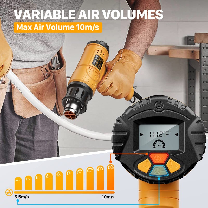 SEEKONE Heat Gun, SEEKONE 1800W Hot Air Gun Kit with Large Digital LCD Display Variable Temperature (122Â°F-1112Â°F) Memory Settings and 4 Nozzles for Paint Remover/Stripper, Home Improvement/Restoration - Image 3