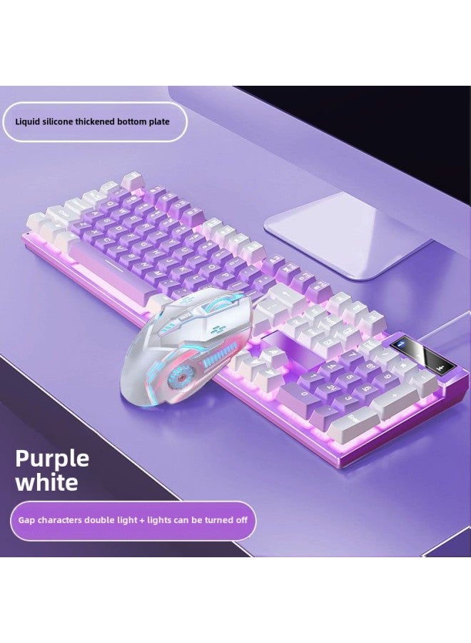 Mechanical Feel Game Backlit E-sports Office USB External Full-size Blue And White Double White Wired Keyboard-Color:Purple And White Two-color-white Moonlight Keyboard -single Keyboard  + E-sports Mouse - Image 1