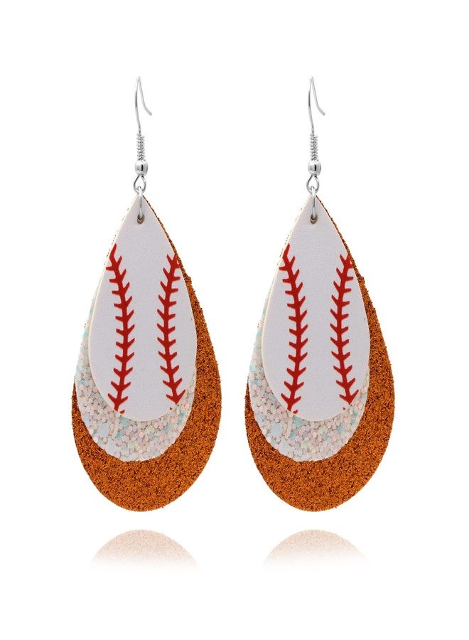 Fusamk Baseball Faux Leather Earrings Lightweight Teardrop Earrings Sequin Dangle Earrings(White Orange) - Image 1