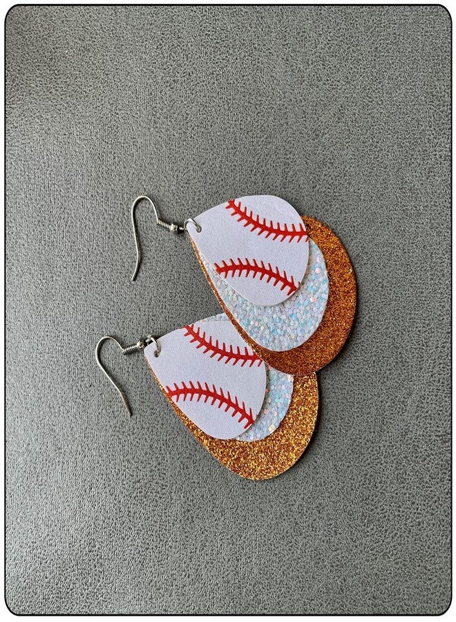 Fusamk Baseball Faux Leather Earrings Lightweight Teardrop Earrings Sequin Dangle Earrings(White Orange) - Image 2
