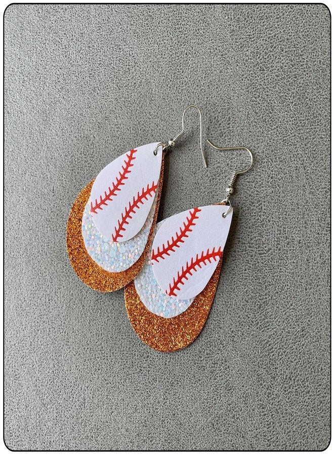 Fusamk Baseball Faux Leather Earrings Lightweight Teardrop Earrings Sequin Dangle Earrings(White Orange) - Image 4