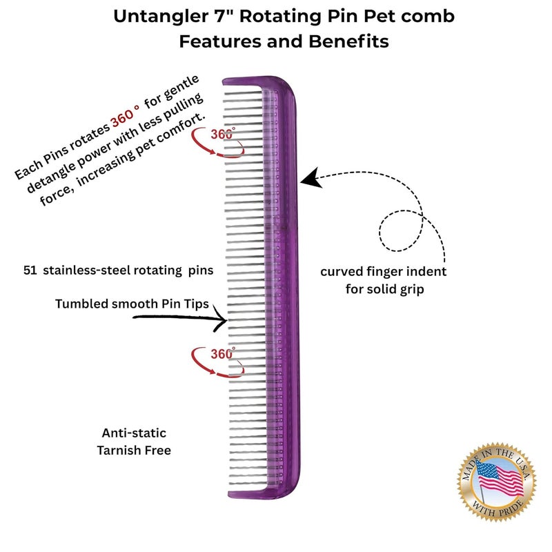 Untangler Pet comb for easy mat removal - silky smooth rotating teeth untangles without causing pain to pets. (7", Purple) - Image 4