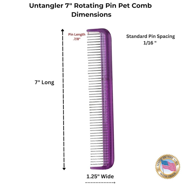 Untangler Pet comb for easy mat removal - silky smooth rotating teeth untangles without causing pain to pets. (7", Purple) - Image 3