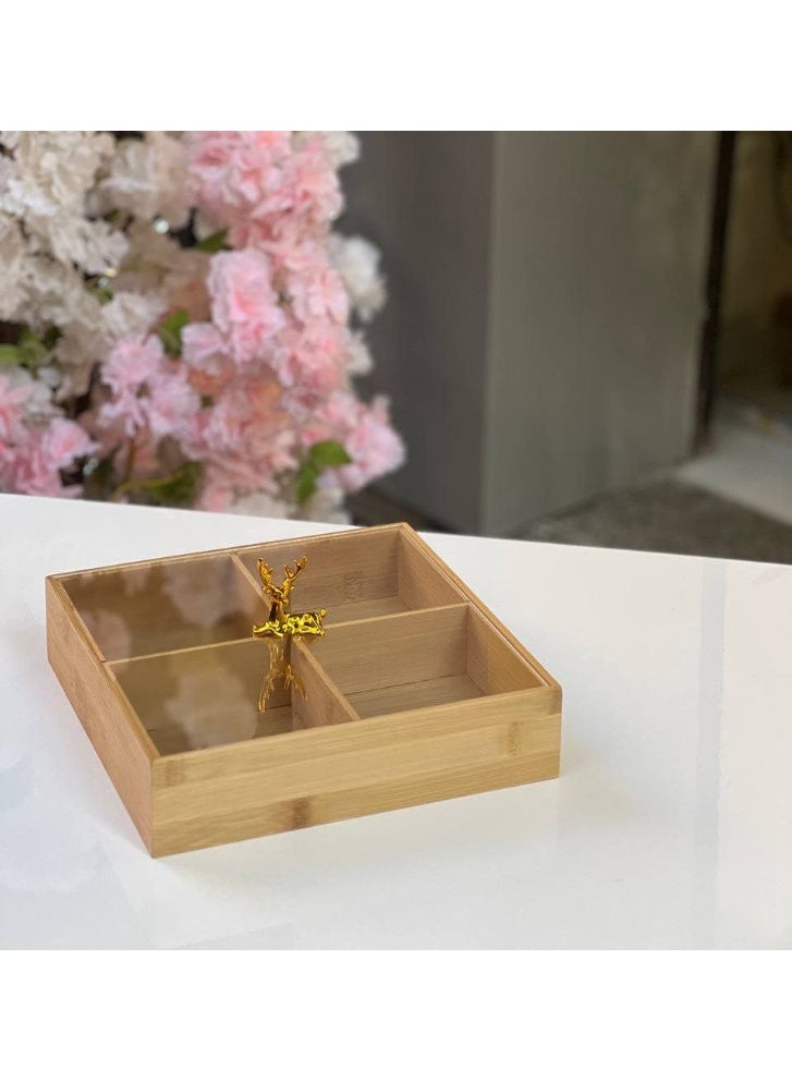 NAMA Wooden snack dish with 4 compartments Imported bamboo wood With acrylic lid and gazelle handle - Image 1