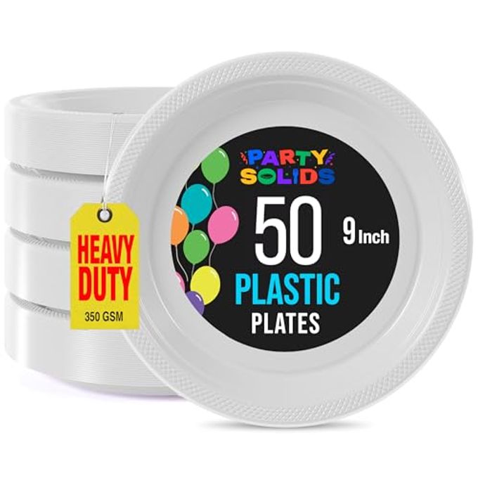 Exquisite 9 Inch White Plastic Dinner Plates - 50 Count Heavy Duty Disposable Set for Parties