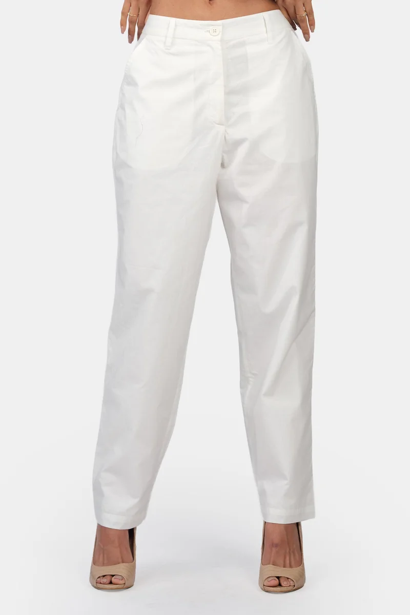 فيرجيو Solid Cotton Straight White Pants for Women