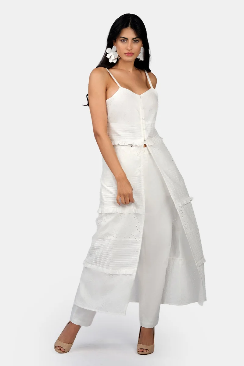 فيرجيو Solid Cotton Straight White Pants for Women