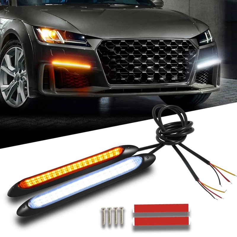 Qasim Daytime Running Light 6in Super Bright for Auto Car Motorcycle Decorative Front Tail Light DRL LED Strip White Yellow Turn Signal Streamer Sequential Flowing Strip Bar 12V 2Pcs 155cm