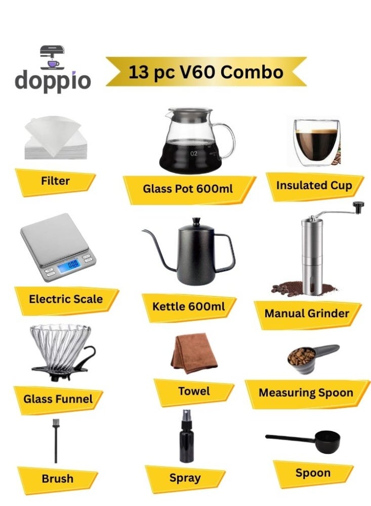 Doppio Doppio 13 Pcs V60 Premium Pour Over Manual Coffee Maker with Manual Grinder Dripper Set  - Image 3