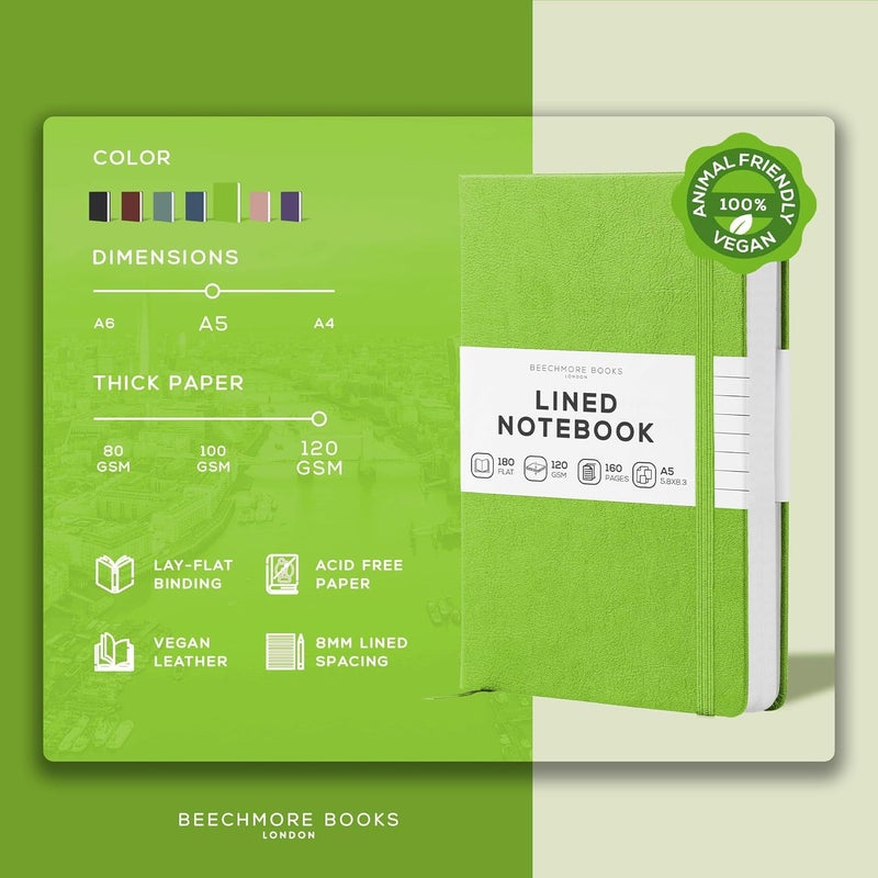 Beechmore Books Lined Journal Notebook, 5.8 x 8.3 inch, A5 160 Lined Pages, Hardcover Leather Journals for Women, Men, Writing and Notebooks for Work - 120 GSM Thick Paper, Gifts Box Included - Image 2