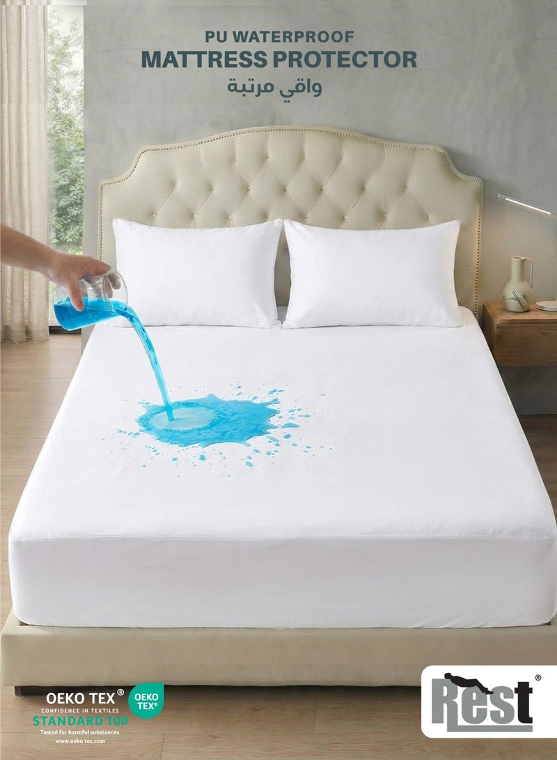 ريست REST  Waterproof Mattress Protector White 160x200cm upto 30cm Deep Pocket PU Laminated Fabric Premium 100% Waterproof Hypoallergenic Breathable Washable Mattress Protector - Image 1