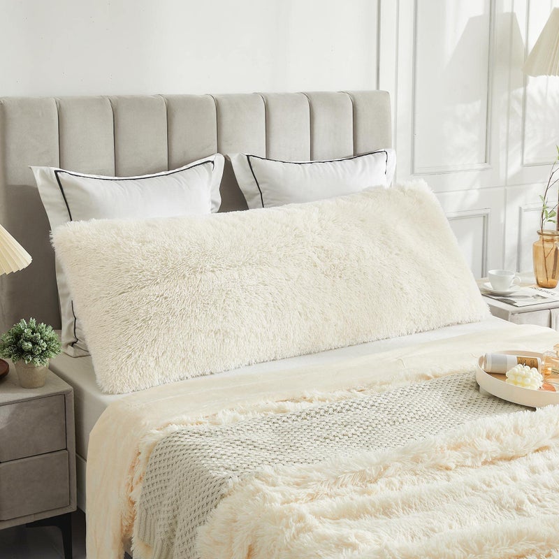 LIFEREVO Off White Body Pillow Cover Luxury Shaggy Ultra Soft Plush Faux Fur Pillowcase 20""x54"" for Bed Couch Microfiber Long Pillowshams for Pregnant Women/Mother/Wife(Light Beige)