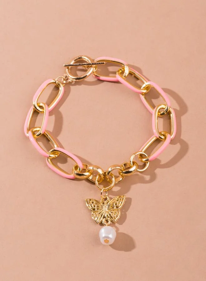 Take Two Gold Tone Butterfly and Pearl Charms Link Bracelet