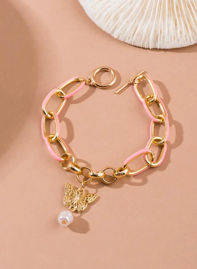 Take Two  Gold Tone Butterfly and Pearl Charms Link Bracelet for Women | Best Price UAE