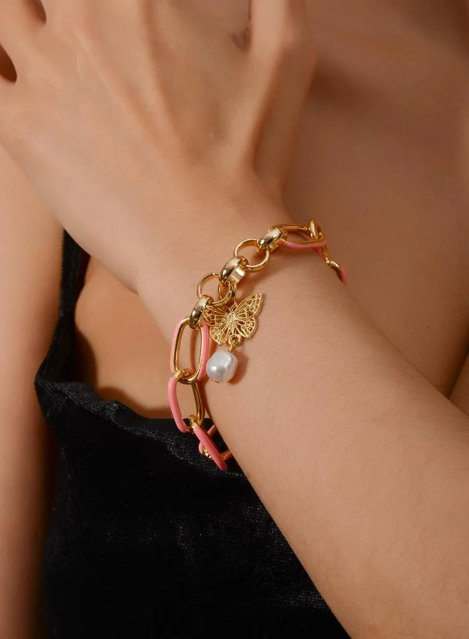 Take Two Gold Tone Butterfly and Pearl Charms Link Bracelet