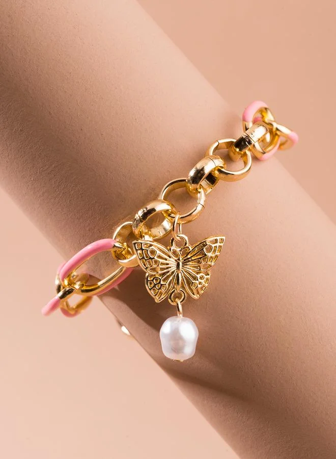 Take Two  Gold Tone Butterfly and Pearl Charms Link Bracelet for Women | Best Price UAE