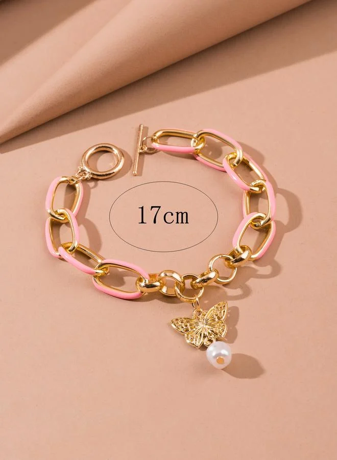 Take Two  Gold Tone Butterfly and Pearl Charms Link Bracelet for Women | Best Price UAE