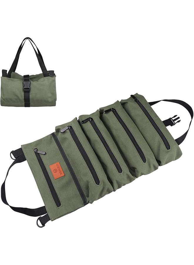 PROMASS promass Roll Up Tool Bag, Multi-Purpose Canvas Tool Roll 16A Canvas Roll Up Pouch with 5 Zipper Pockets Wrench Roll Pouch Multi-Purpose Tool Pouch Roll Tool Organisers for Car Motorcycle (Green)  - Image 1