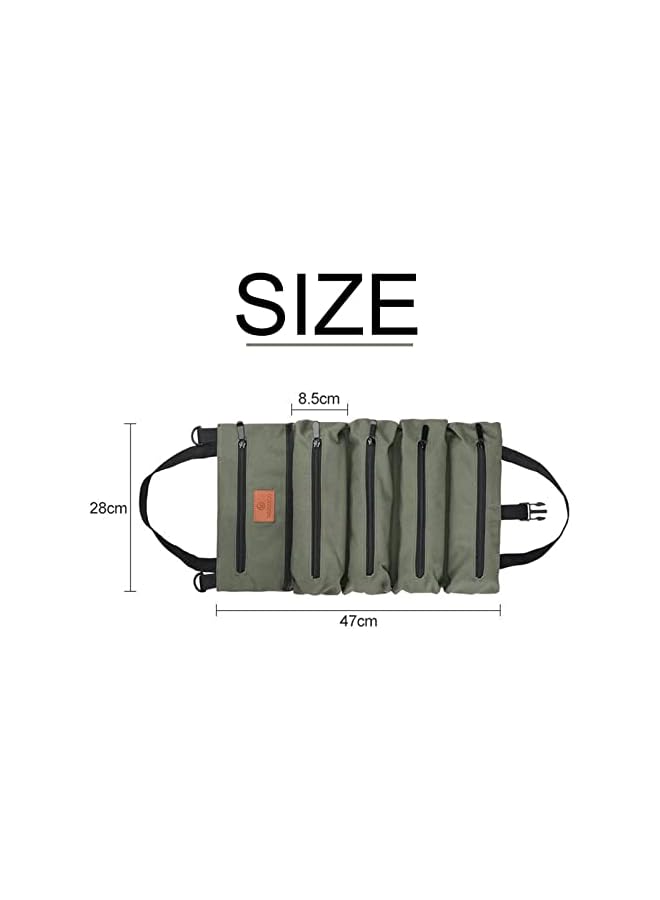 PROMASS promass Roll Up Tool Bag, Multi-Purpose Canvas Tool Roll 16A Canvas Roll Up Pouch with 5 Zipper Pockets Wrench Roll Pouch Multi-Purpose Tool Pouch Roll Tool Organisers for Car Motorcycle (Green)  - Image 2