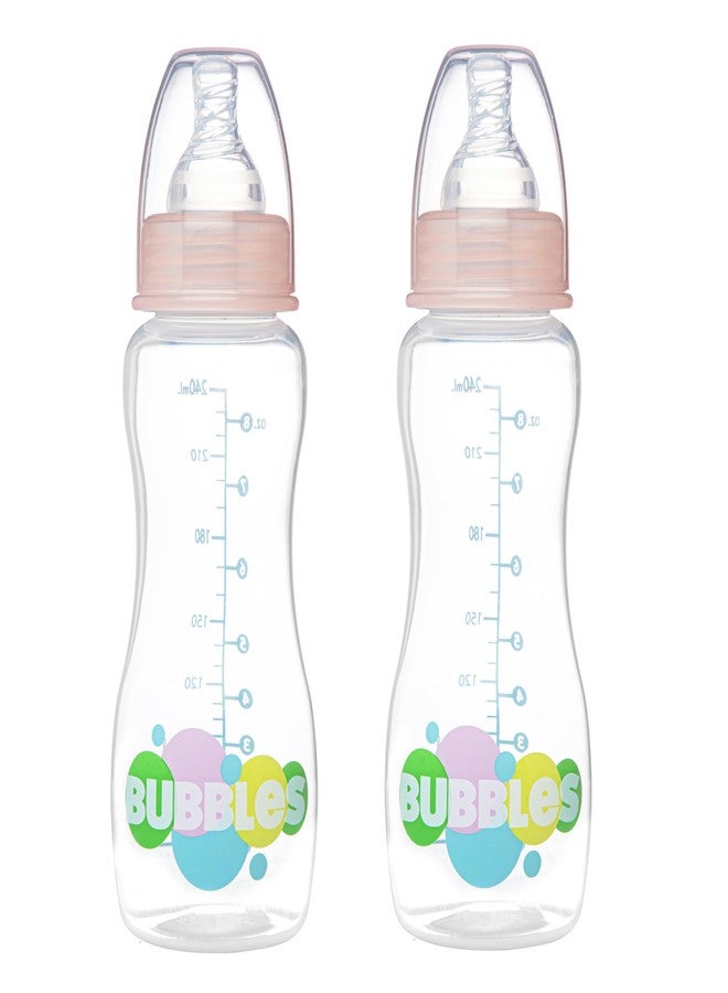 بابلز زجاجة رضاعة أساسية للأطفال من Bubbles مضادة للمغص ذات رقبة رفيعة/عادية، سعة 250 مل (عبوة من قطعتين)، مناسبة للأطفال حديثي الولادة/الرضع/الأطفال الصغار حتى عمر 3 سنوات، مع حلمة إضافية (لون وردي). - Image 2
