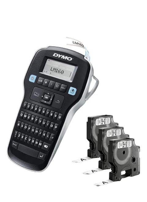 مجموعة صانعة الملصقات المحمولة DYMO LabelManager 160 سهلة الاستخدام ومفاتيح ذكية تعمل بلمسة واحدة ولوحة مفاتيح QWERTY وشاشة كبيرة للتنظيم المنزلي والمكتبي وتتضمن 3 شرائط ملصقات D1