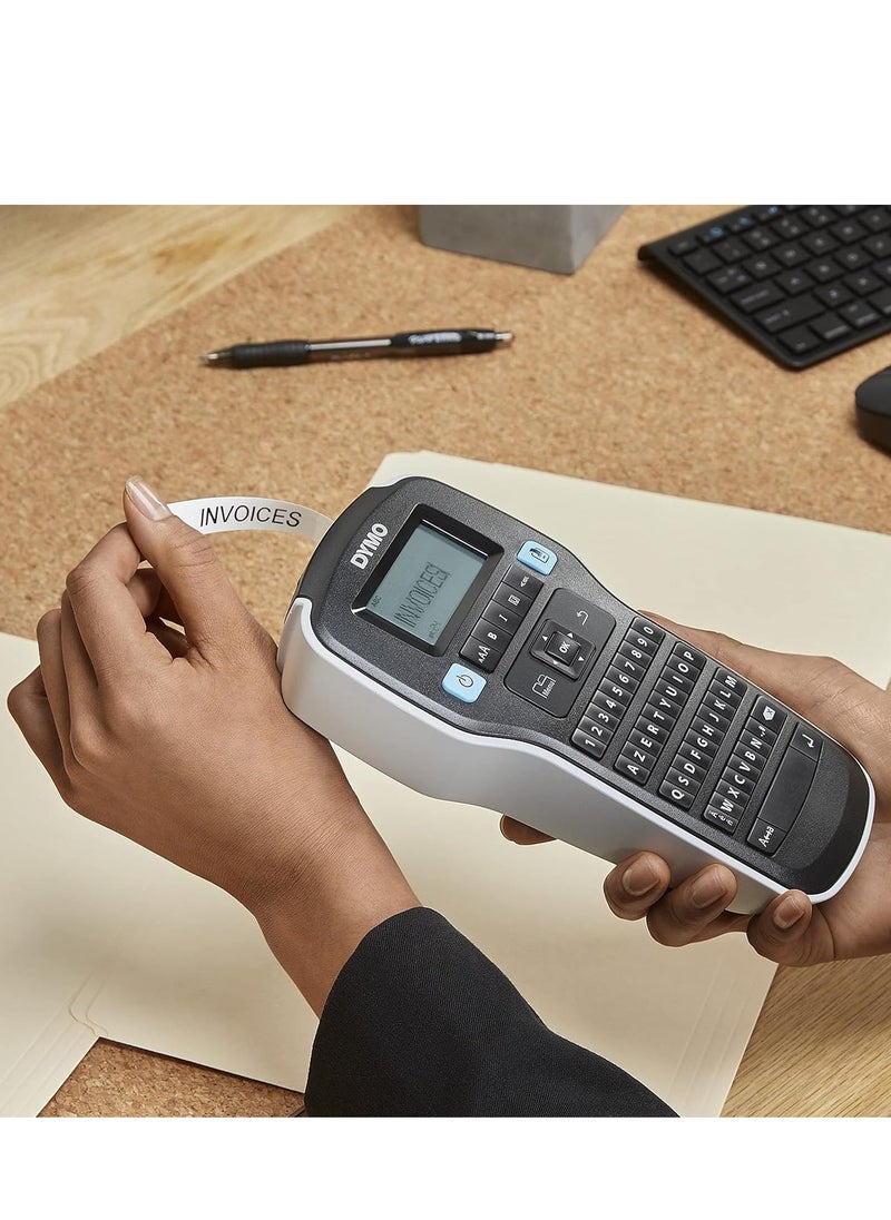 مجموعة صانعة الملصقات المحمولة DYMO LabelManager 160 سهلة الاستخدام ومفاتيح ذكية تعمل بلمسة واحدة ولوحة مفاتيح QWERTY وشاشة كبيرة للتنظيم المنزلي والمكتبي وتتضمن 3 شرائط ملصقات D1