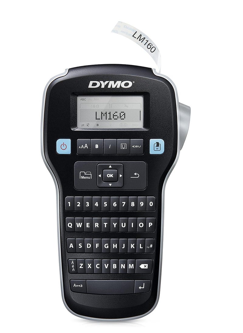 مجموعة صانعة الملصقات المحمولة DYMO LabelManager 160 سهلة الاستخدام ومفاتيح ذكية تعمل بلمسة واحدة ولوحة مفاتيح QWERTY وشاشة كبيرة للتنظيم المنزلي والمكتبي وتتضمن 3 شرائط ملصقات D1