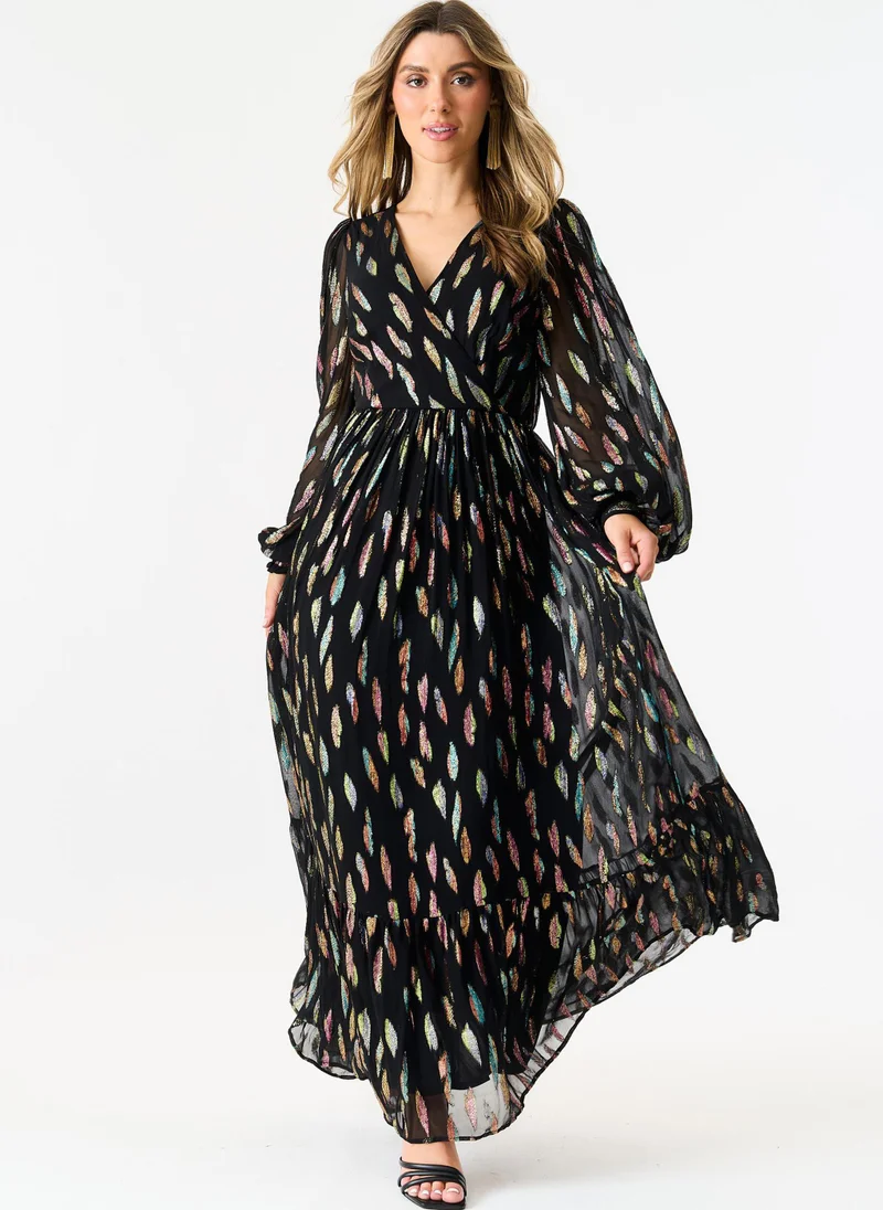 Black Metallic Print Full Sleeve Maxi Dress